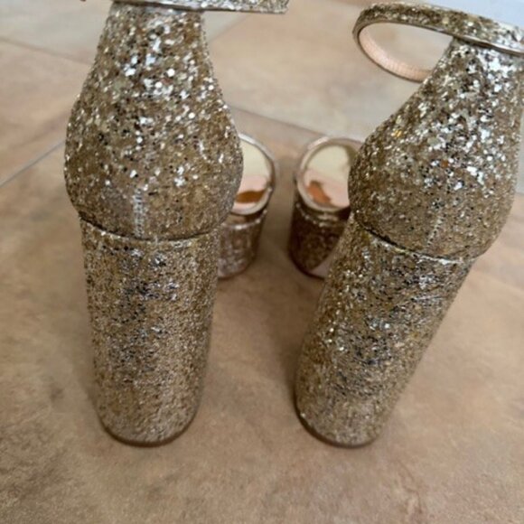 Badgley Mischka Party Platform Block 5" Heel Sandals Gold Glitter - Picture 4 of 5